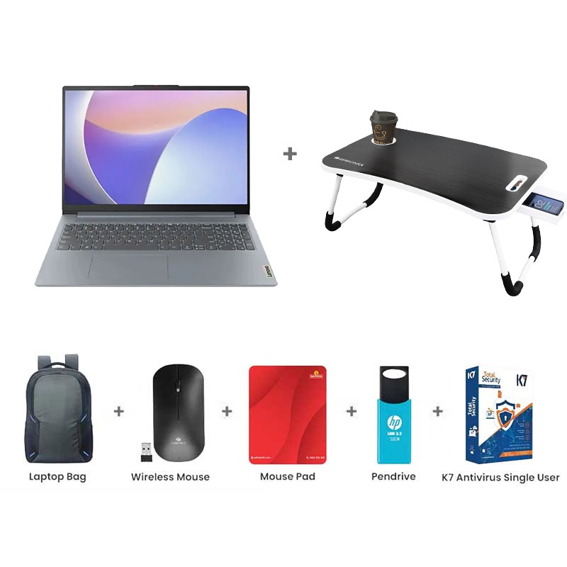 Picture of Lenovo IdeaPad Slim 3 - Intel Core i3-1315U 15.6" (39.62 cm) 82X700G3IN Thin & Light Laptop (8GB/ 512GB SSD/ Full HD Display/ Camera Privacy Shutter/ Anti-glare/ Integrated Intel UHD Graphics/ Windows 11 Home/ MS Office 2024/ 1Year Warranty/ Arctic Grey/ 1.62 kg) with Laptop Table + Laptop Bag + Wireless Mouse + Mouse Pad + Pendrive + K7 Antivirus Single User